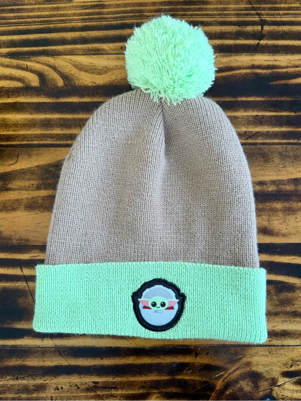 Star Wars Grogu Baby Yoda Pom Beanie Hat Tan & Neon Green One Size